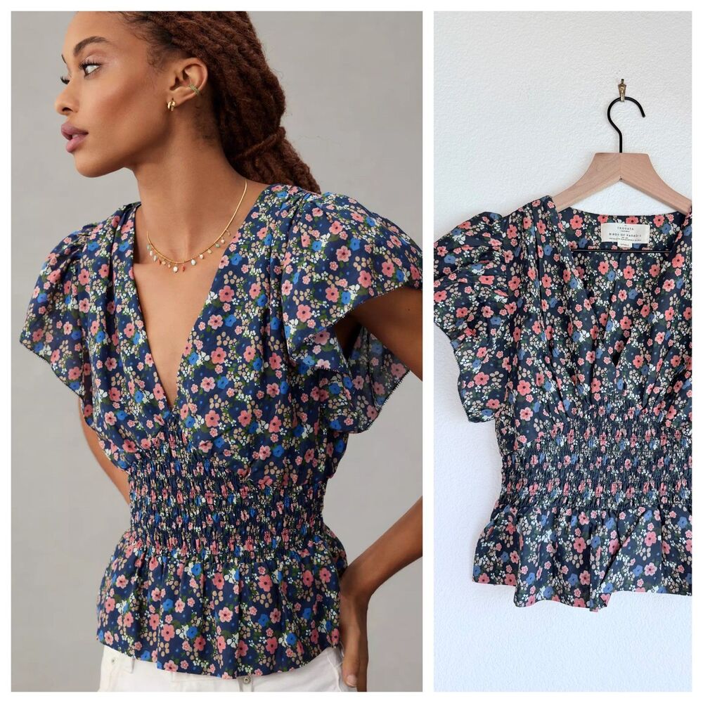 NEW Trovata Birds of Paradis Paloma V-Neck Blouse in Rolling Hills Floral Sz S